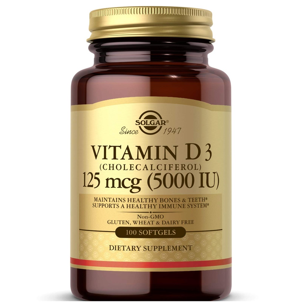 Solgar维生素D3(Cholecalciferol) 125 MCG(5000 IU),100 软胶 - 帮助维持健康骨骼和牙齿 - 免疫系统支持 - 非转基因生物,无胶质,乳制品 - 100 服务