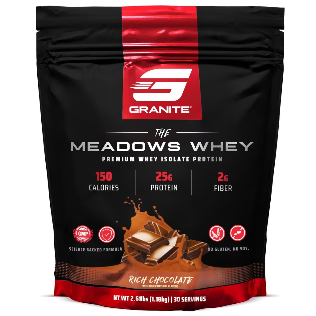 花岗岩补充剂 Meadows Whey 蛋白质异质蛋白粉,配有150个卡路里,2g纤维,1g糖(30种),丰富的巧克力火焰