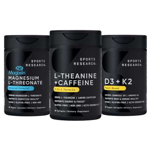 运动研究 Magtein Magnesium L-Threonate Capsules(2000mg, 90 Capsules), Vegan Vitamin D3 + K2 w/ Organic Coconut Oil (5000iu VIT. D 100mcg Mk7 VIT. K, 60 Softgels) 和 L-Theanine (200mg, 60 cm)