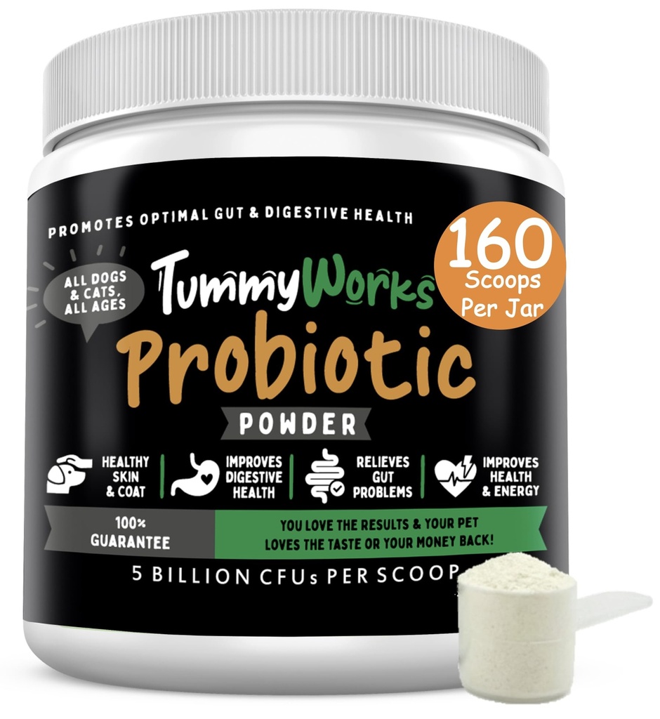 TummyWorks 狗和猫的Probiotic Powders 用于消化健康,免疫支持,腹泻,毒气,Itching和季节性过敏. 与消化酶 & 预生素. 美国制造 - 160 Scoops