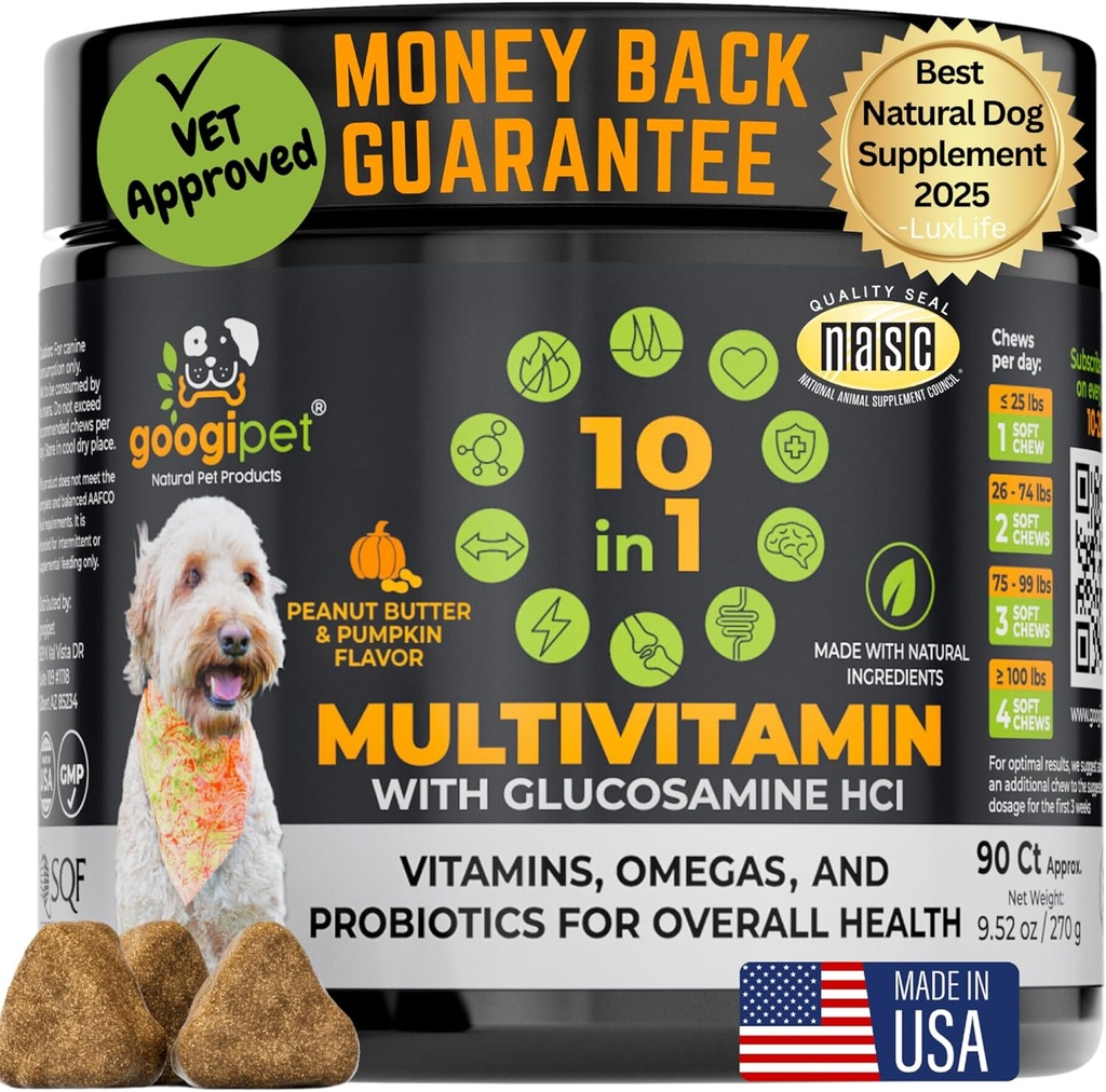 Googipet Premium 10 in 1 Dog 维生素多维他命 Chewable with Probiotics for Gut Health, Dog 维生素和补充 w/Vitamin C & Glucosamine for Joint Support (Peanut Butter & Pumkin Flavor) (Peanut Butter 和 Pumpkin Flavor) 高维他命药 高维他命药 高维他命药 高维他命药 高维他命药和补充 W/Vitamin C & Glucosamine 联合支持(Peanut Butter & Pumkin Flavor)