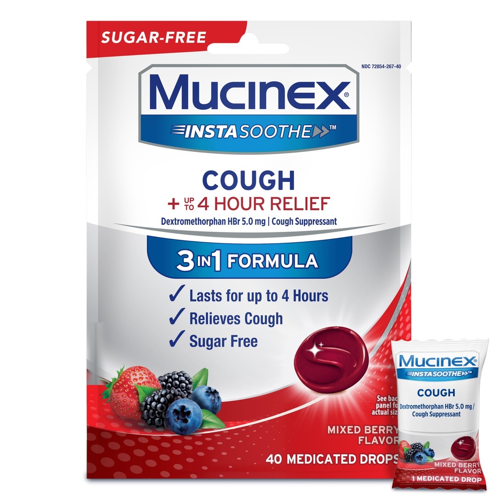 Mucinex Instasoo the Sugar Free Cough Droppes, 为患有脱氧核糖核酸的成年人提供咳嗽药物, Non Menthol Cropps, Cough Sprintant Lozenges, 混合莓药剂 Cropped Cropps, 40 cmt