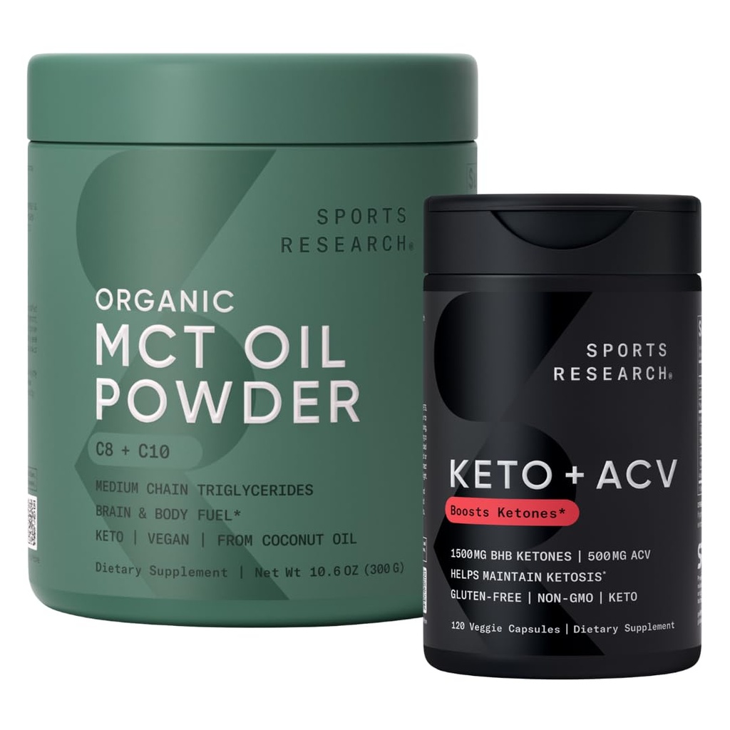 Sports Research® Keto Pack - Organic MCT Oil Powder C8 + C10 and Keto + ACV Capsules with 500mg of Apple Cider Vinegar & 1500mg goBHB Exogenous Ketones