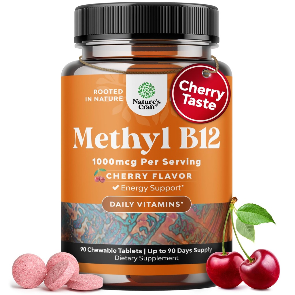 可口味的维生素B12 1000 mcg - 甲基B12 维冈维生素用于脑支持 自然能源 - 骨质健康眼护理和用毛皮和直肠卤素的毛靴