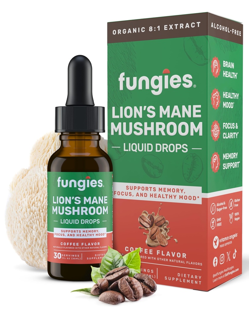 Fungies Lion's Mane Mushroom Liquid Drops, Coffee - 与Lions Mane 提取的叮当支持脑雾,焦点,记忆与健康的Mood - 蘑菇复合体 成人补充 - 30 服务