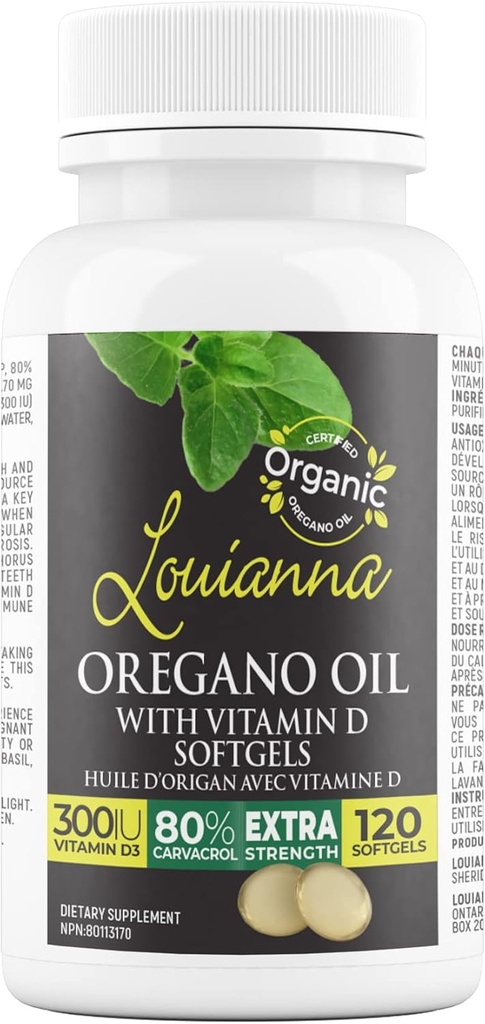 Louianna - 有机野生Oregano Oil 配有维生素D,液化软胶 Capsules配有80%的卡瓦科罗尔,支持你的骨头,Imune和Gut健康,草药补充,120软胶