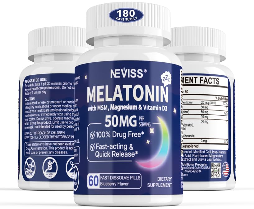 Melatonin 50 mg for Adults - Extra Strip 9-in-1 快溶分语言 - w/维生素D3 & MSM, 放松草药Blend-Ashwagandha,柠檬鲍姆, Passionflower, Chamomile, Sugar Free, Vegan 180 services