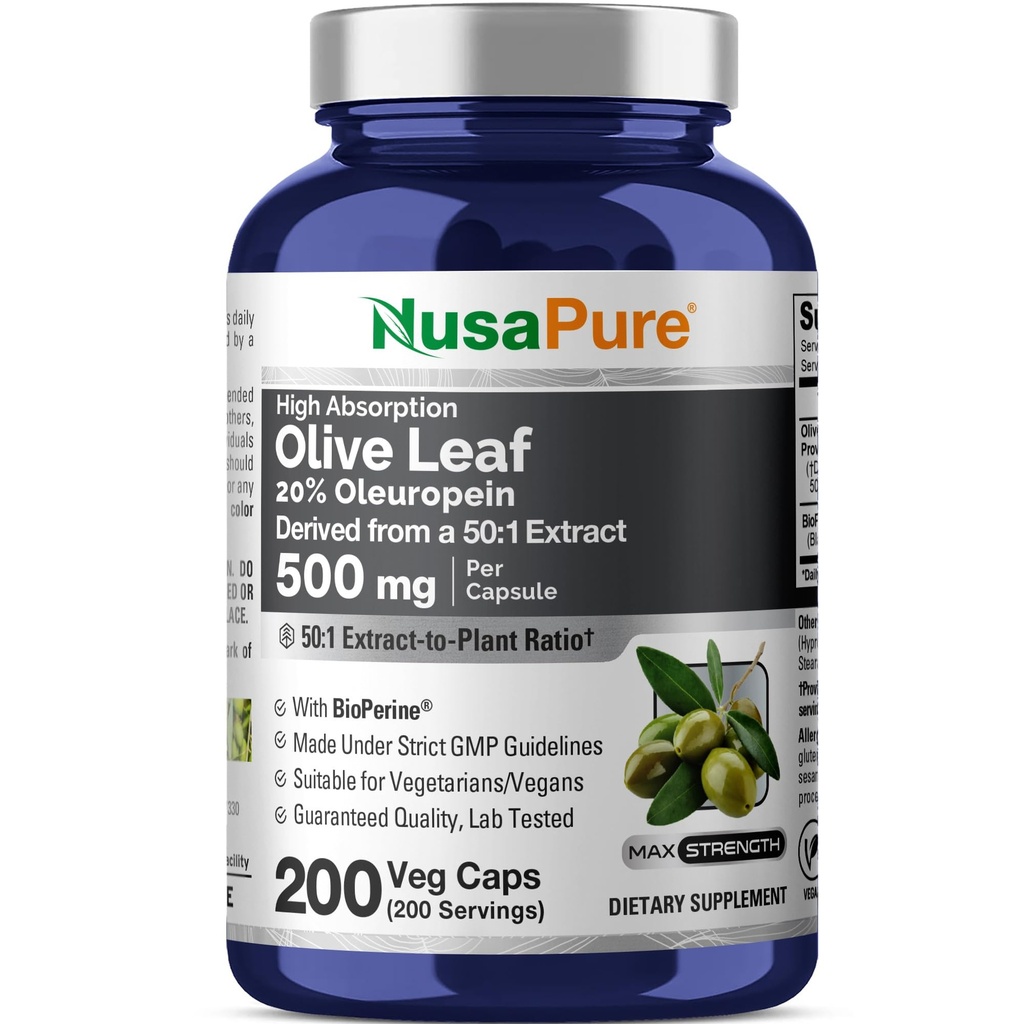 NusaPure 橄榄叶 20% Oleuropein 50:1 提取物,500 mg 等效于25,000 mg 200 Veg Caps 适合蔬菜和Vegans,非GMO