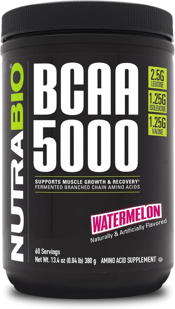 NutraBio BCAA 5000 Powder - Vegan发酵的BCAAs - 支持精益肌肉生长,复苏,耐力 - 60 service - 西瓜