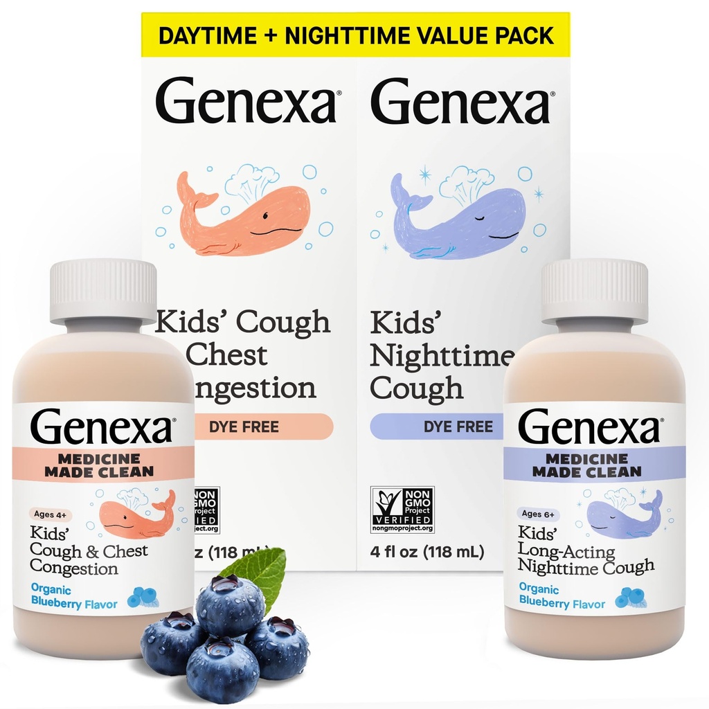 Genexa儿童清洁日夜咳嗽药,Dye免费,0 %人工添加剂,儿童咳嗽,胸腔摄入,Runny Nose & Sneezing Relief, Ages 6+,有机蓝莓火焰,8 fl oz(2包)