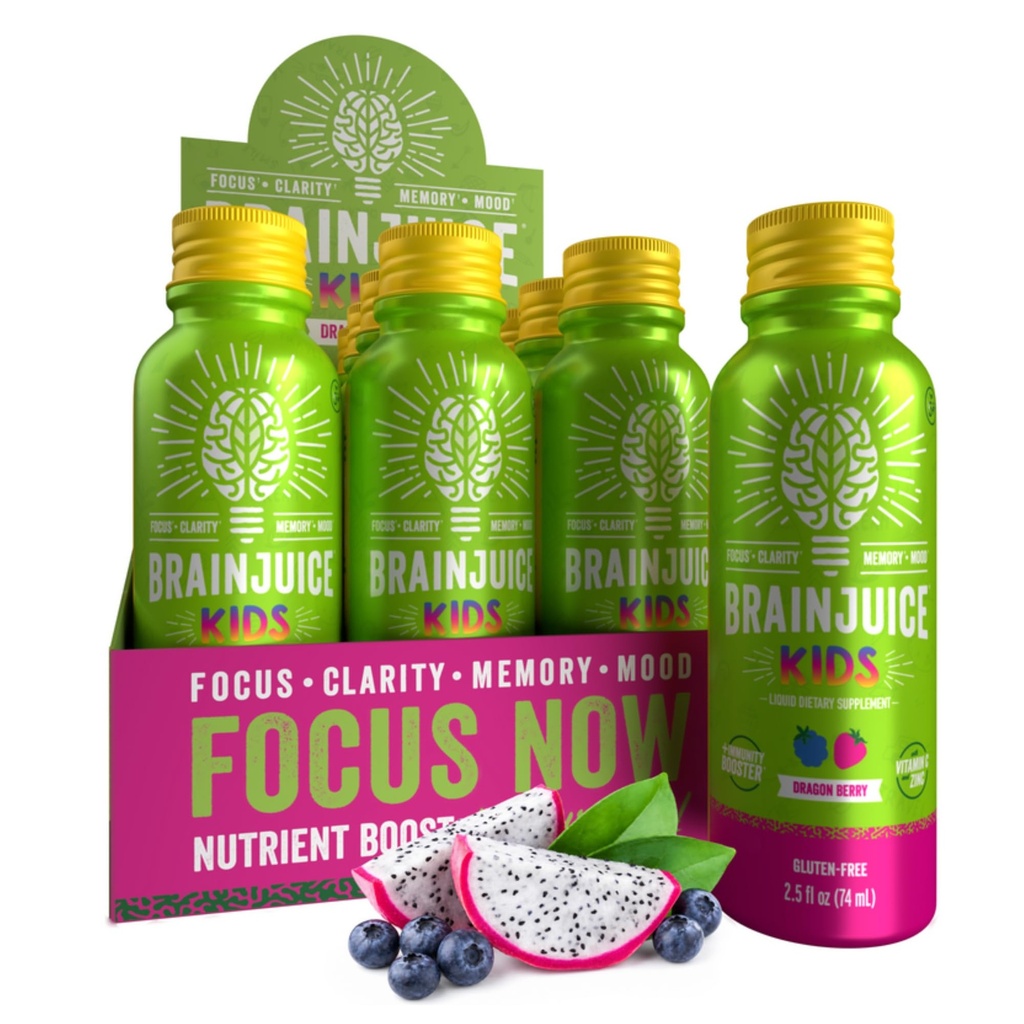 BrainJuice Kids Brain & Immune Support Shot, Gluten Free Shots for Energy, Focus, 免予使用维生素D, C, B, Alpha GPC & Organic Ginger Root, Ages 5+, Dragon Berry, 2.5 fl oz, 12 Pack .