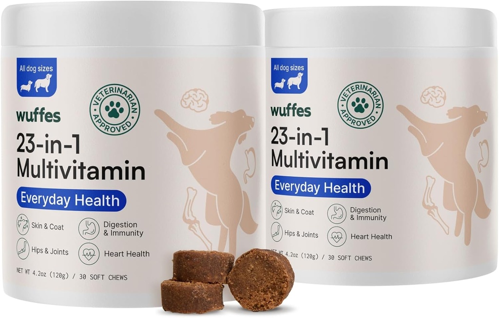 Wuffes 23-in-1 化学狗多维特敏 & 补充包 - 狗多维特敏用于小型和大型育种 - 2 Pack - 60 Counter