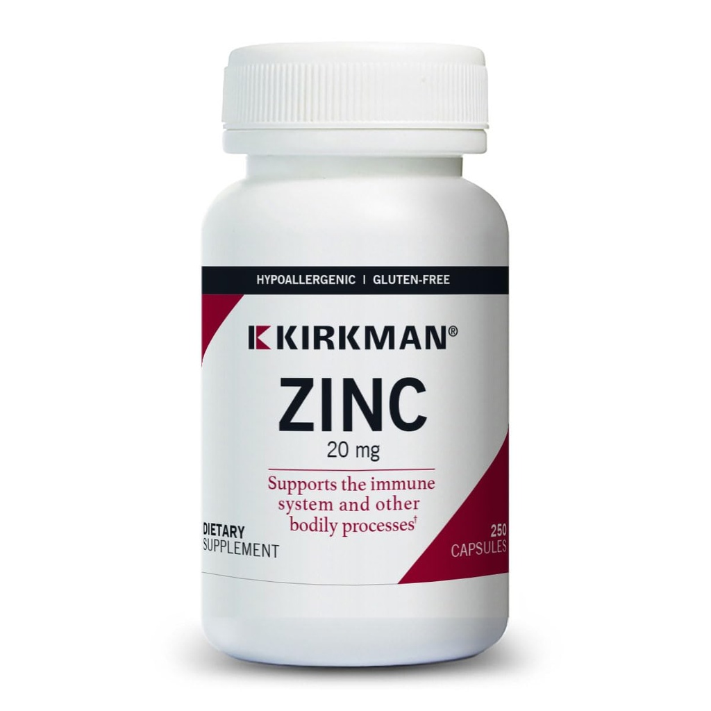 Kirkman - 锌 20mg - 250 capsules - 免疫支持 - 高吸收 - 假致性