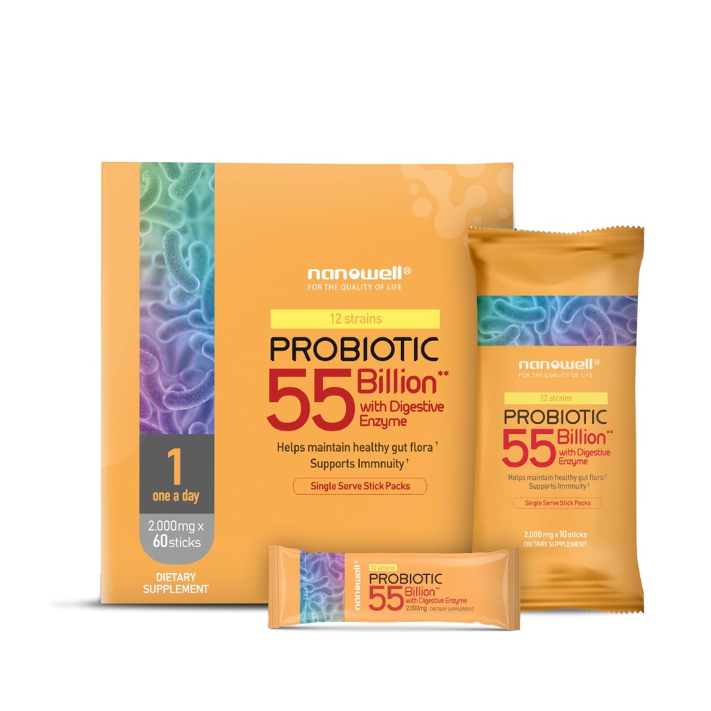 NANOWELL 12 Strains Probiotic 55亿 含消化酶粉的CFU - 免疫支持,Gut Health,Probiotics, Prebiotics & Postbiotics - 60 棒,60日供应