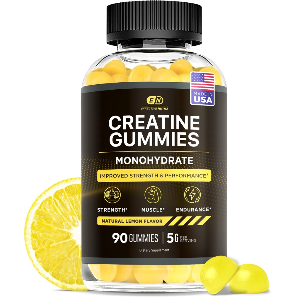 有效的Nutra Creatine Monohydrate Gummys - 1g Creatine per Gummy - Vegan Muscle & 力量补充 男子和女子 - 支持肌肉生长,能源,耐力 - Lemon Flavor,美国制造(90ct)