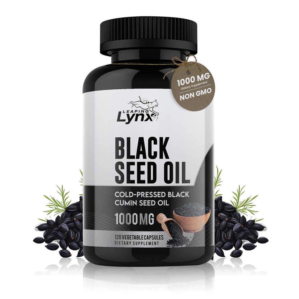 纯有机冷粉黑种子油盖-Vegan Non-GMO纯 Nigella Sativa 黑豆油用于美容豁免和整体健康支持-Thymoquinone-Rich 1000mg服务(60天)
