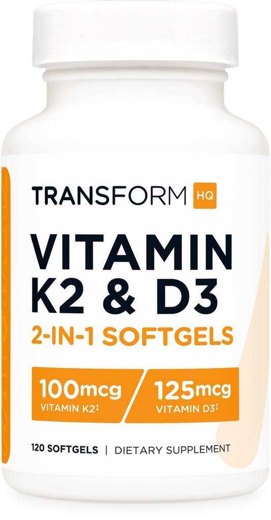 TransformHQ 维生素K2(MK7)(100mcg) + 维生素D3(5000 IU) 120 软胶 - Gluten Free and Non-GMO