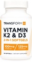 TransformHQ 维生素K2(MK7)(100mcg) + 维生素D3(5000 IU) 120 软胶 - Gluten Free and Non-GMO