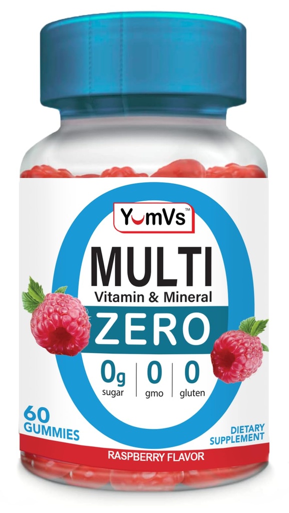 YUM-V的多维他命零固醇 由 YumVs 制作 QQ 无糖维生素 补充 女性和男性 铬, Thiaminium, 和 镁 | 天然的 Raspberry Flavor Chewables - 60 Counters