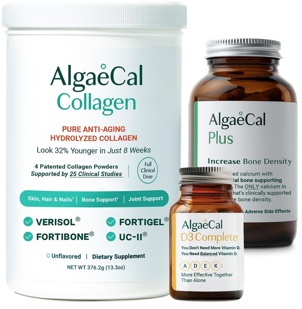 ALGAECAL Calcium,维生素D3和Collagen Bundle – 含临床支持的Verisol水解Collagen,Fortibone & Fortigel, Plus Calcium, Vitamin ADEK, & Trace Minerals for Bone Health and Anti-Ang.