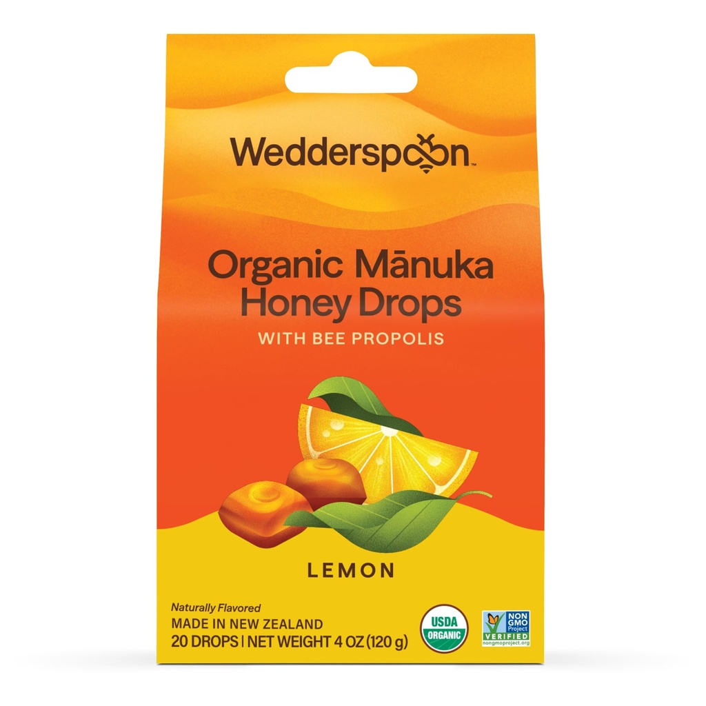 Wedderspoon有机马努卡蜂蜜滴,柠檬和蜜蜂 Propolis, 20 Counter (Pack of 1) 新西兰真蜜 – 干喉的完美补救措施