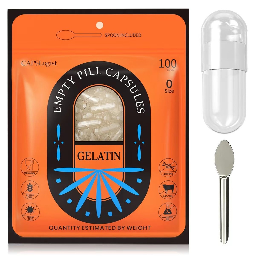 Pill Capsules 空尺寸 0, 100 Contine Gelatin Capsule 与微实验室 Spoon, DIY Pill Capsule 填充, Gluten 自由和非 GMO 认证, 清空