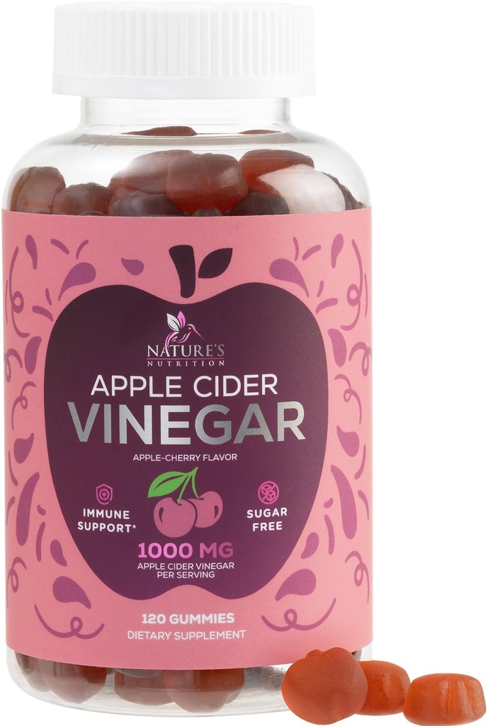 Vegan Apple Cider Vinegar Gummy 1000mg - 配有维生素B12的无糖ACV Gummys Vitamins 补充能源 - Keto 友好文摘,解毒,清洁支持 - Gelatin - 无糖,非GMO - 120 Gummys