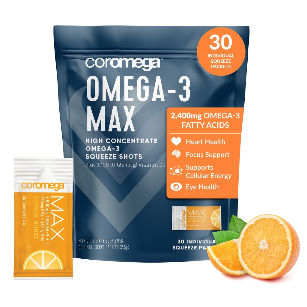 Coromega MAX 2400mg Omega-3 鱼油+维生素D 挤压包,野味,无鱼味 - 3X 优于软胶,支持大脑和心脏健康(30种服务,Citrus Burst)