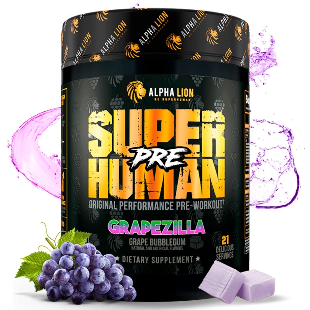 ALPHA LION 超人工作前粉,Beta Alanine,L-Taurine & Tri-Source Cafeine 可持续能源与焦点,Nitric Oxide & Citrulline for Pump (21 services, Grapezilla) 超人工作前粉.