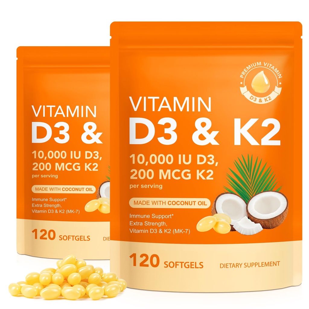 Vitamin D3 K2 Supplement Softgel, D3 K2 Vitamin 10000 IU Supports Immune, Heart, Teeth & Bone Health, Easy to Swallow & Non-GMO, 240 Softgels
