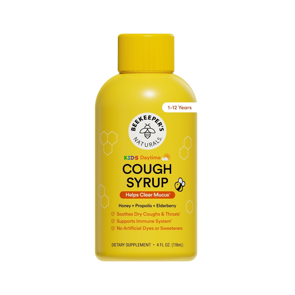 Beekeeper's Naturals Propolis Honey Cough Syrup Daytime for Kids Immune Support with Elderberry, Vitamin C, Vitamin D & Raw Honey - Throat Soothing - Gluten Free & Clean Ingredients, 4 oz.