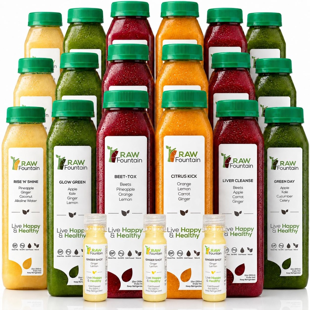 (原始内容存档于2017-10-03) (英语). 3 Day Juice cleanse by Raw Foundain, All Natural Raw Detox cleanse, Juice for Body rest, 冷压汁快, 跳动健康饮食的好方法, 18瓶12oz, 3瓶Ginger Shots