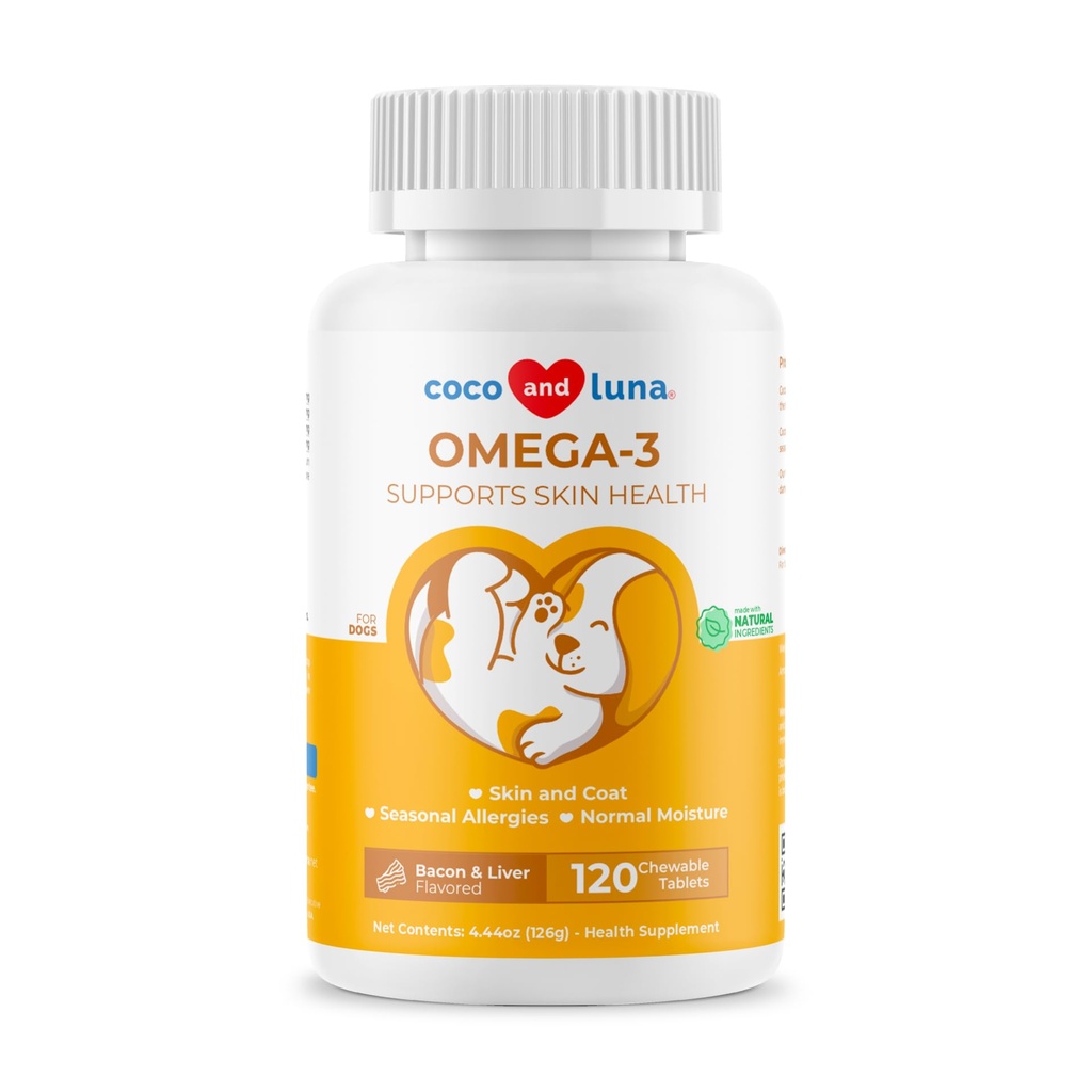 Omega 3 Fish Oil for Dogs - 120 Chewable Tables - 配 Omega 3, 6, 和 9, 维生素E for Dog Shedding, 痒,干皮, 联合和心脏支持
