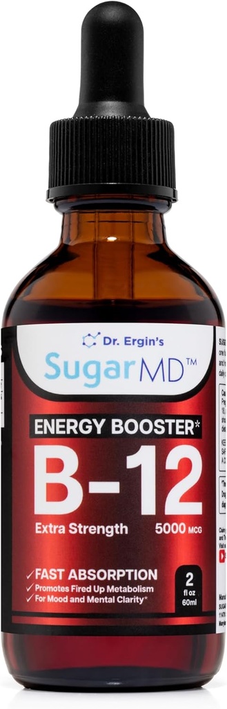 SugarMD 维生素 B12 5000 mcg 液滴 — 2 fl oz(60ml) 男女能量滴 — 非GMO和Gluten 自由液滴 B12 最大吸收公式