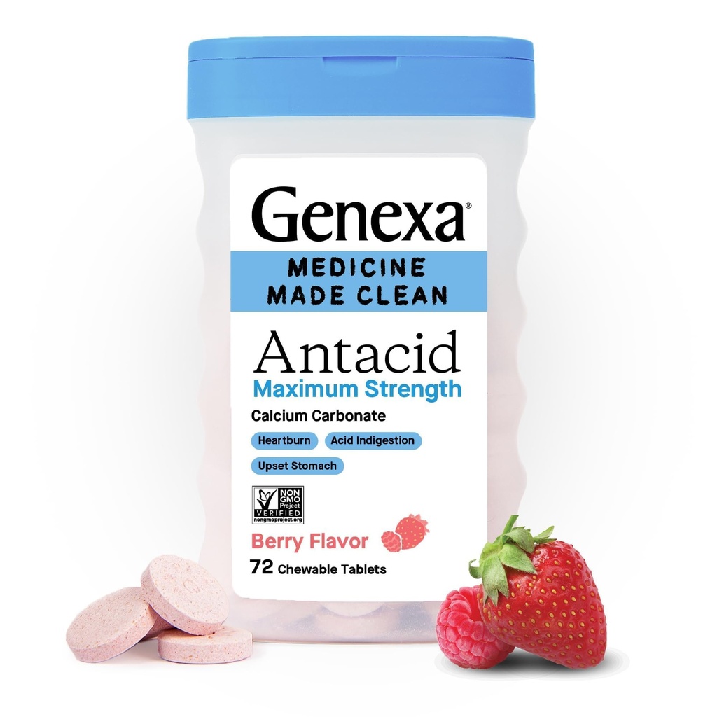 Genexa 3 Pack 清洁安非他明 化学药片 最大强度碳酸钙 用于心脏灼伤,酸消化和安装胃解脱 | Dye Free,0%人工添加 | Berry Flavor, 216ct