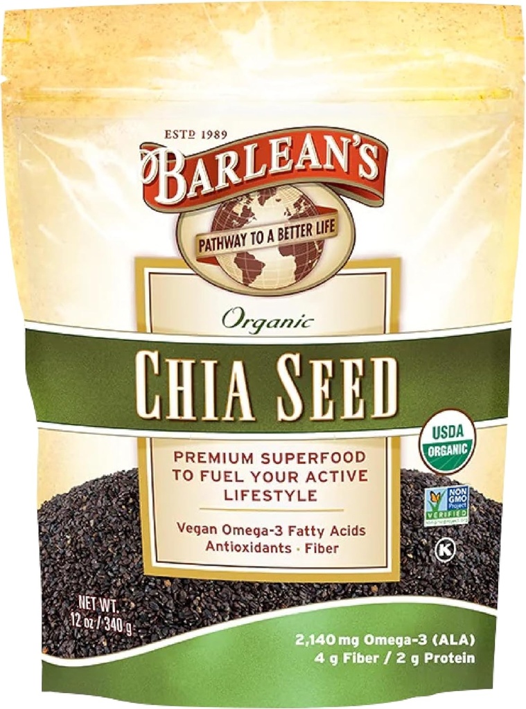 Barlean的有机Chia种子配有2,140 mg Omega 3脂肪酸,全Chia种子配有软体纤维,非GMO认证,12 oz