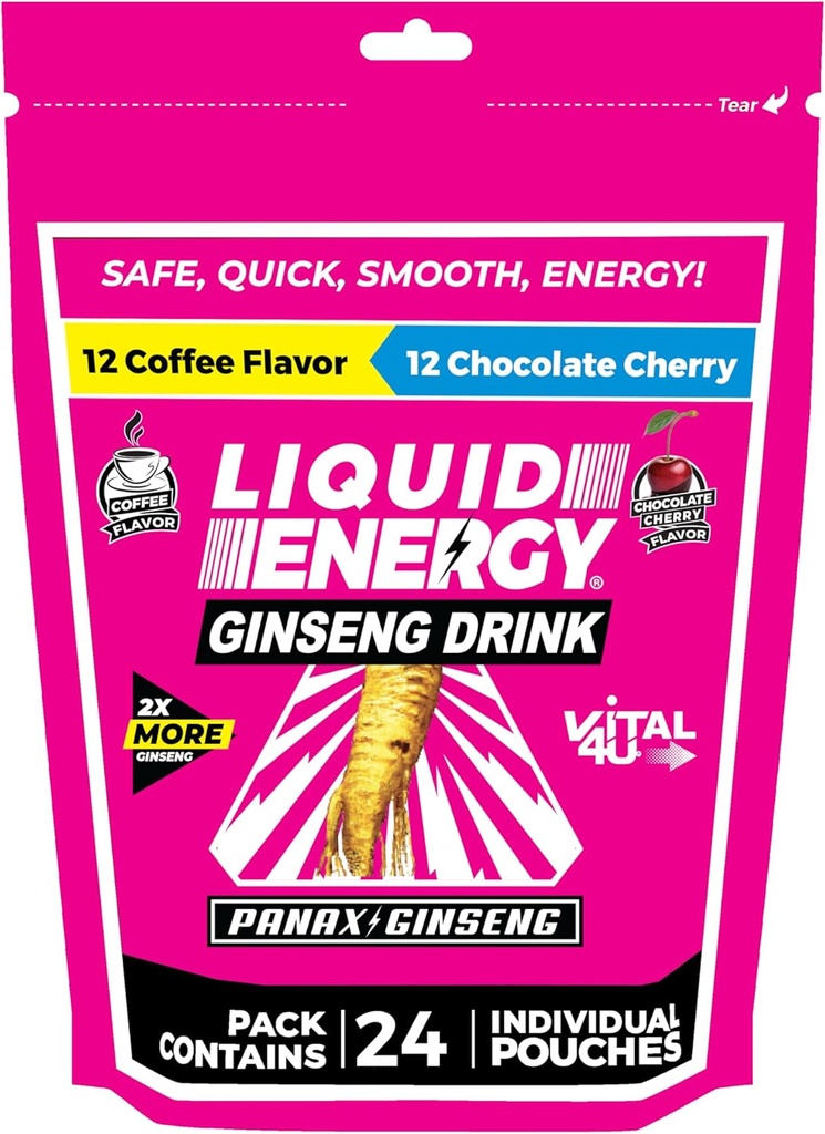 VITAL 4U 液态能源射击——咖啡和巧克力樱桃Combo包装,Ginseng,B维生素,天然甜味,24厘米