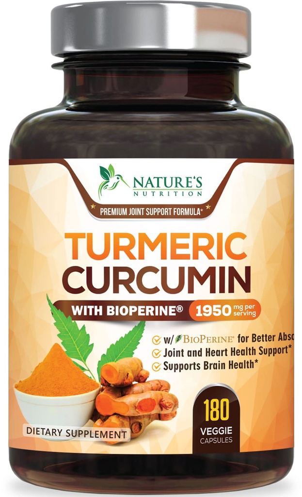 Turmeric Curcumin Supplement 1950mg - 95% Curcuminoids with Organic Turmeric & BioPerine Black Pepper Extraction for Best Acception, Nature's Vegan Joint Support, N-GMO, Bottled in USA - 180 Capsules (英语).