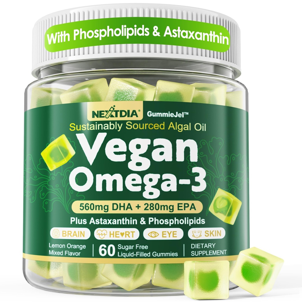 Vegan Omega 3 Gummys + 磷脂,Astaxanthin,维生素D3,DHA 560mg & EPA 280mg,无鱼藻 Omega 3 成人与儿童大脑,眼睛,皮肤和整体健康补充,无糖,60Cts