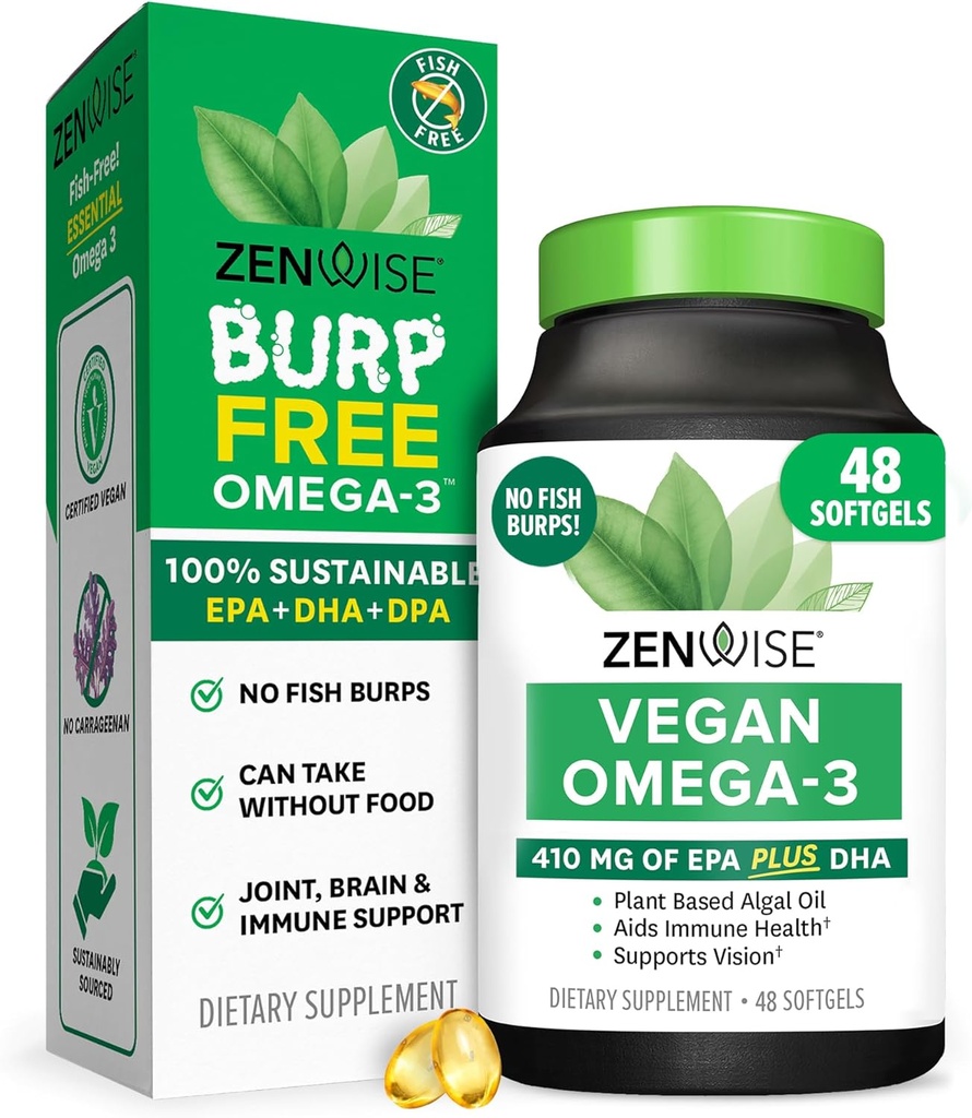 Zenwise Health Vegan Omega 3号补编 -- -- Burpless Omega 3号补编,配有DHA、EPA和DEA脂肪酸促进免疫健康 -- -- 可持续来源的海洋藻类油的鱼油替代品 -- -- 48个软胶