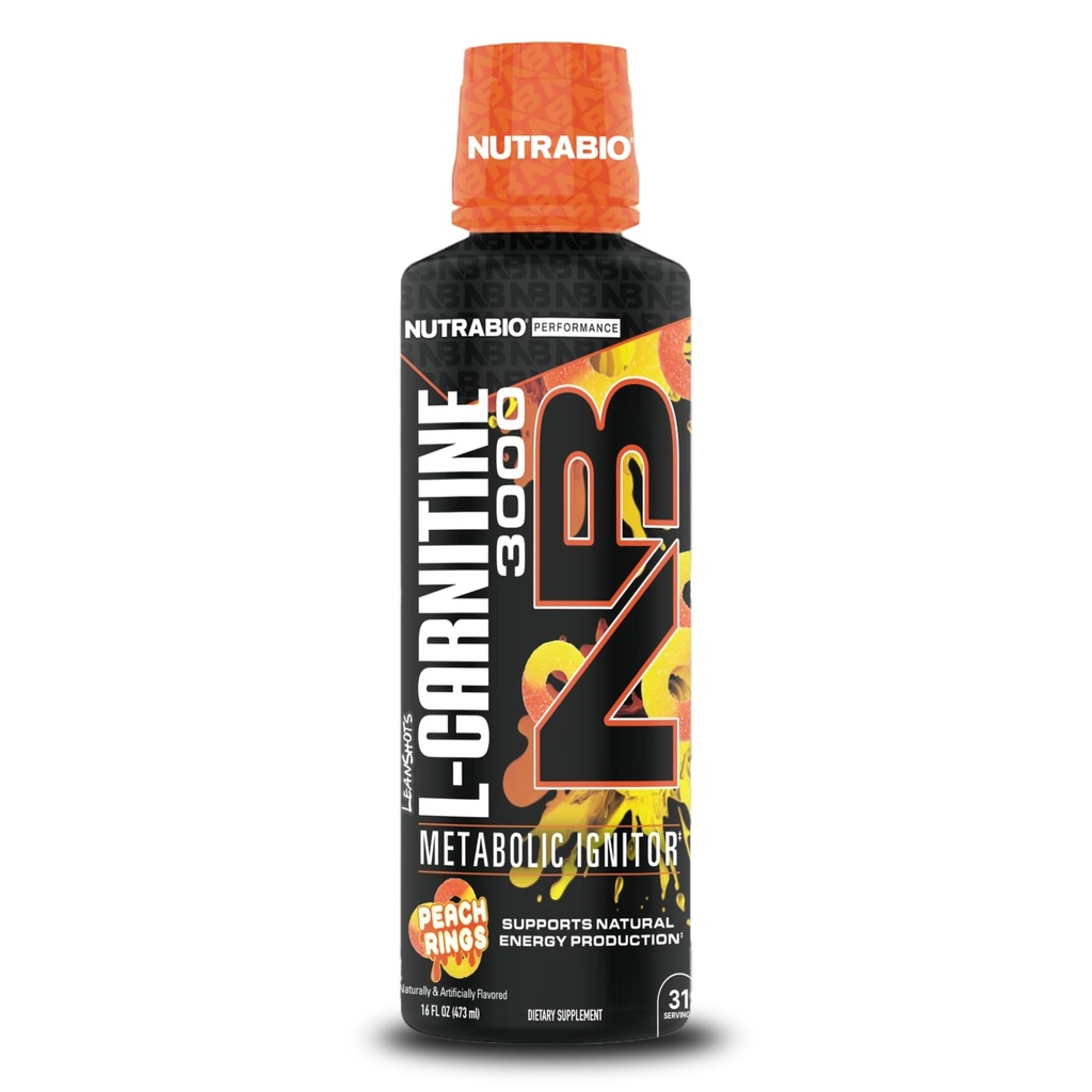 NutraBio – L-Carnitine Liquid Shots – 3000mg, (桃环) – 10mg 维生素 B-5 – 零碳糖 – 能源生产 – 肌肉恢复