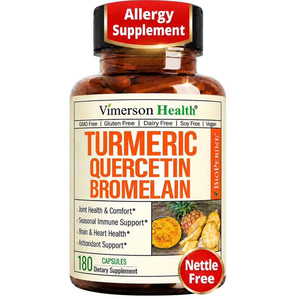 Quercetin with Bromelain Turmeric Curcumin 补编 – 过敏救济,联合和免疫支持 – 有机图尔克补编 黑色辣椒(Bioperine) – 180 Quercetin 500mg Capsules