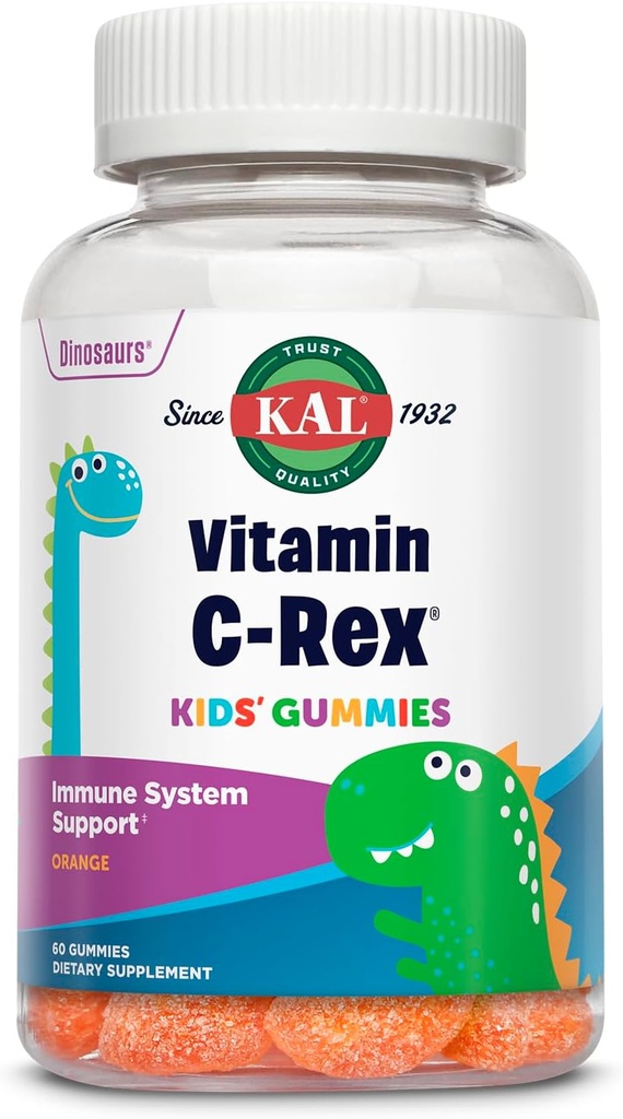 KAL 维生素 C-Rex 儿童Gummys, 维生素 C Gummys 儿童, 健康免疫, 骨骼, 肌肉和皮肤支持维生素 C Gummy, Vegan, Gluten Free, 60 day Money back gummies, 30 服务, 60 Gummys