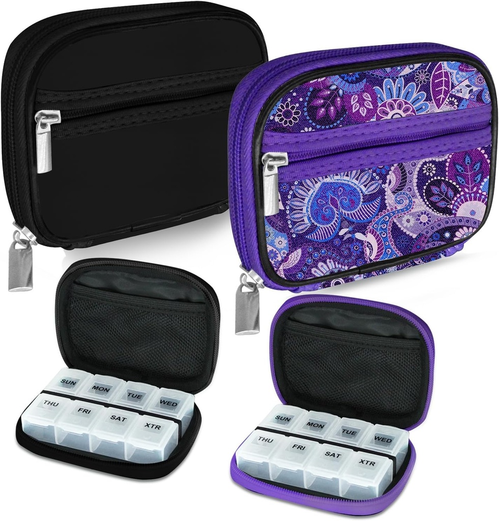 Serfeymi周刊 旅行药丸组织者 Pill pase for Purse with reportion 7 Day Pill box, 时尚旅行药剂组织者 Pill Contain for Medicine, Vitamin, Supplement - Black 01 + Plusion 01 (中文(简体) ).