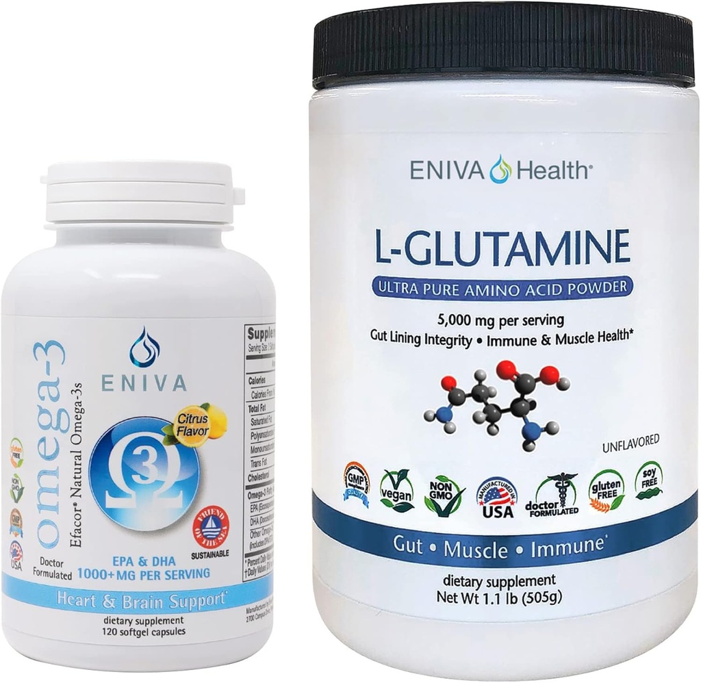 Eniva L-Glutanine 粉末、1.1-Pund和Omega-3鱼油(60盖)