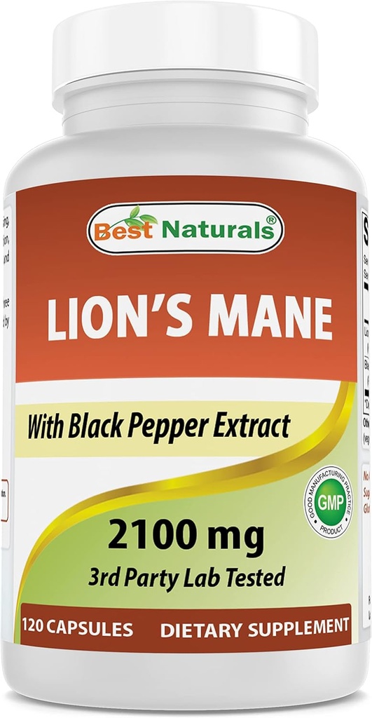 Best Naturals Lions Mane Mushroom Supplement 2100mg - 120 Capsules - 支持精神清晰,焦点和免疫健康 - 添加黑辣椒用于最大吸收