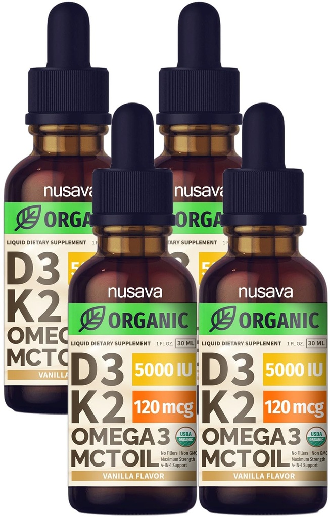 (4包)有机维生素D3 K2 与MCT Oil Omega 3,5000 IU,最大强度维生素D液体 - 无填充器,用于更快吸收和免疫支持的非GMO液体D3(Vanilla,4 Fl Oz)