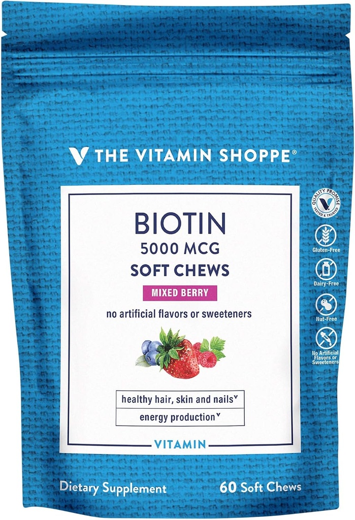 用于头发,皮肤和钉子支持的维生素店(Biotin Soft Chews) - 5,000mcg - 混合莓(60 Soft Chews)