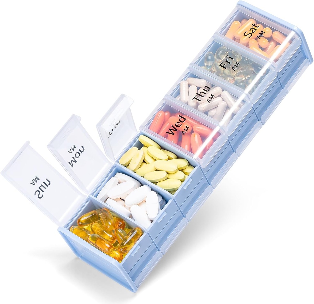 额外大型每周药丸组织者 每日2次 - Betife 7日药丸盒,AM PM 药丸与双层 Jumbo Competment for Pills, Vitamin, Fish Oil, Suppers (蓝色/白色)