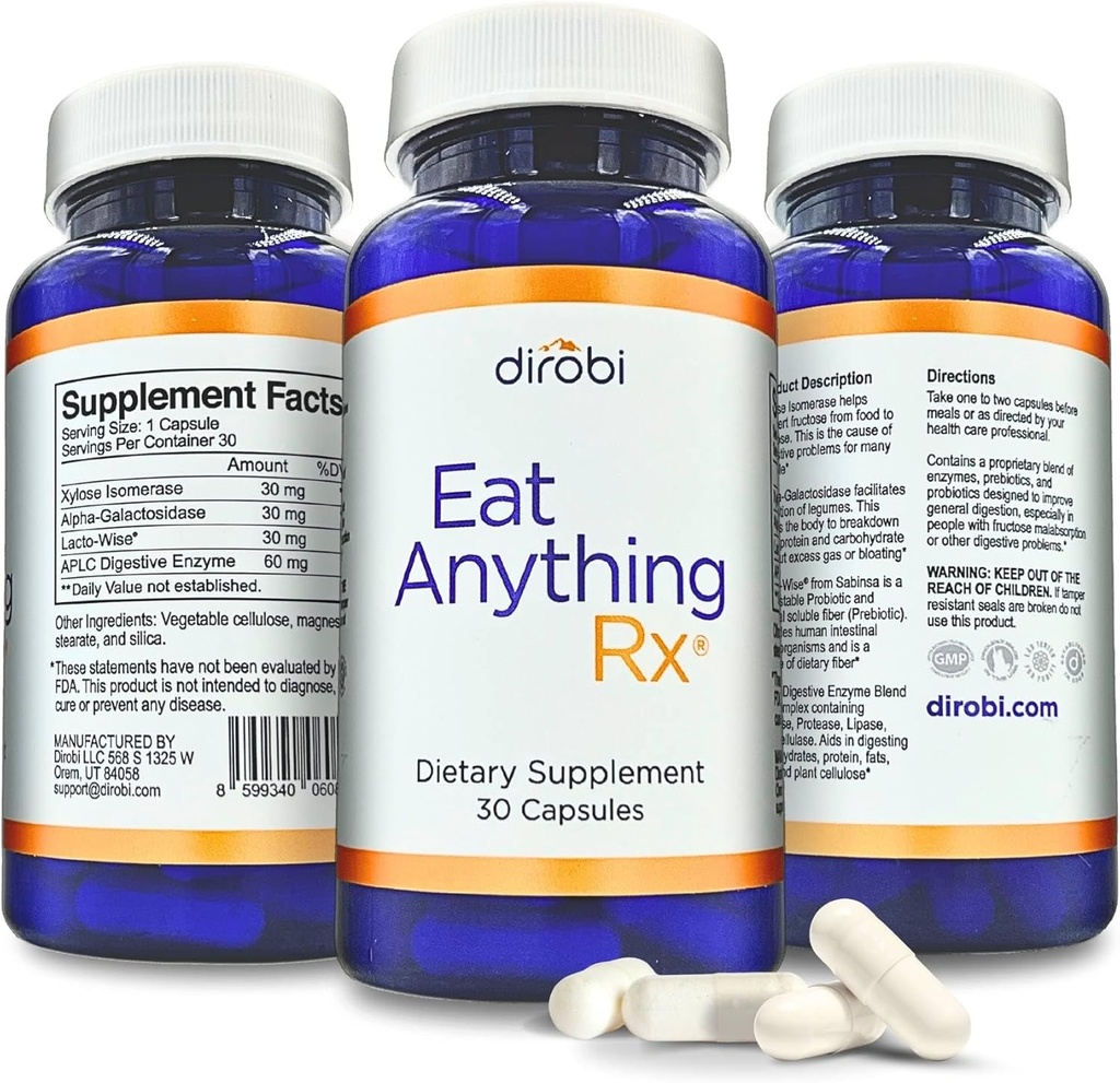 Dirobi Eat Anything Xylose Isomease Fructose Malaboxymes, FODMAP 补充, 消化酶促进更好的乳糖,脂肪,蛋白质和碳水化合物消化气体和布洛丁酸盐 30 Capsules